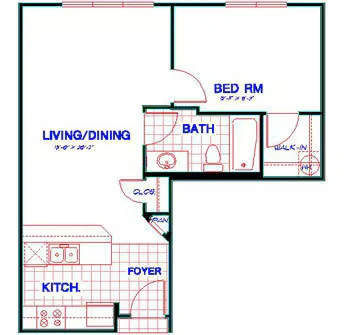 Traditional 1x1 529-913 SF 3936 floor plan
